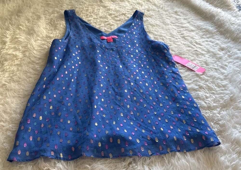 Lilly Pulitzer Florin Silk Sleeveless V-Neck Top Iris Blue Moroccan Metallic Cli